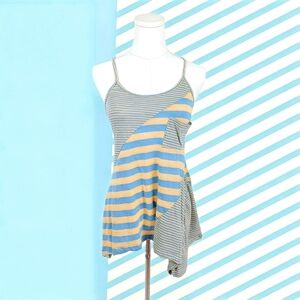 Shelly Blue Striped Bohemian Tank Top M Handkerchief Hem Yellow Asymmetrical